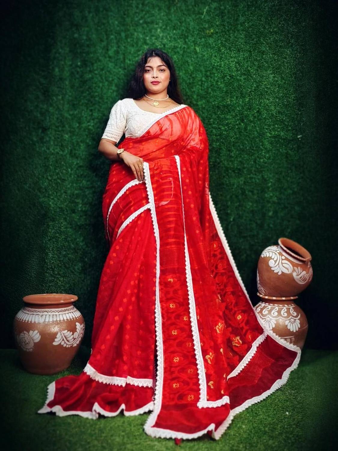 RIDDHIMAN FASHION Floral Print, Woven Jamdani Cotton Silk Saree