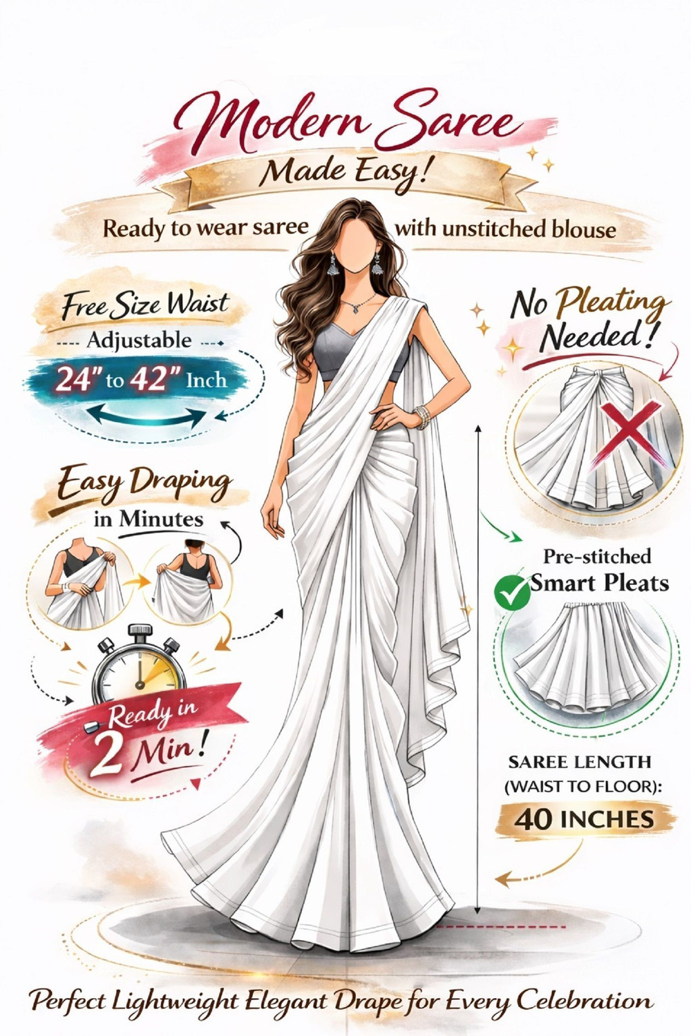 Image of Sataz Ready to Wear Self Design Pre Draped Saree Satin Saree (Pink)