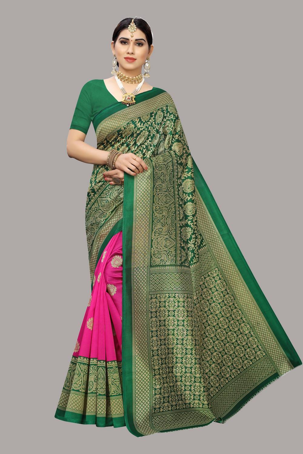 YASHIKA Printed Pochampally Art Silk Saree (Green, Pink)
