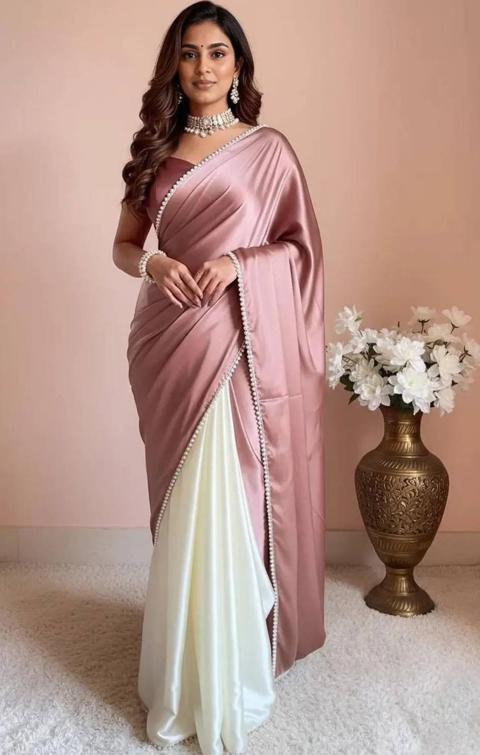 BRAHMSHAKTI Embellished, Solid/Plain Daily Wear Satin, Silk Blend Saree