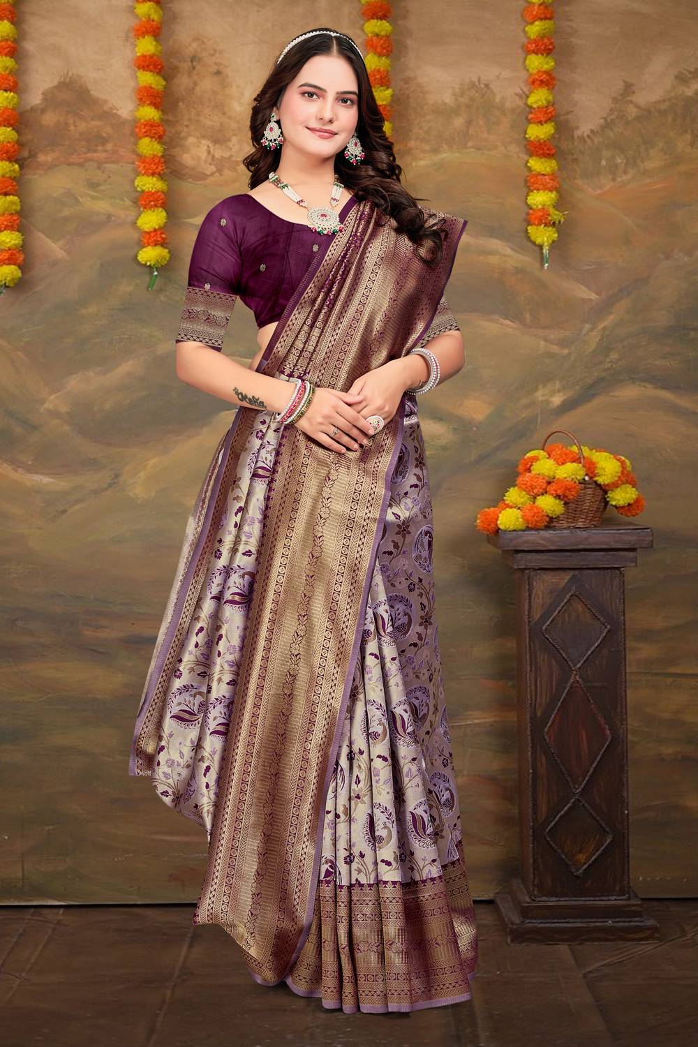 Om Shantam sarees Woven, Self Design Kanjivaram Art Silk, Silk Bl