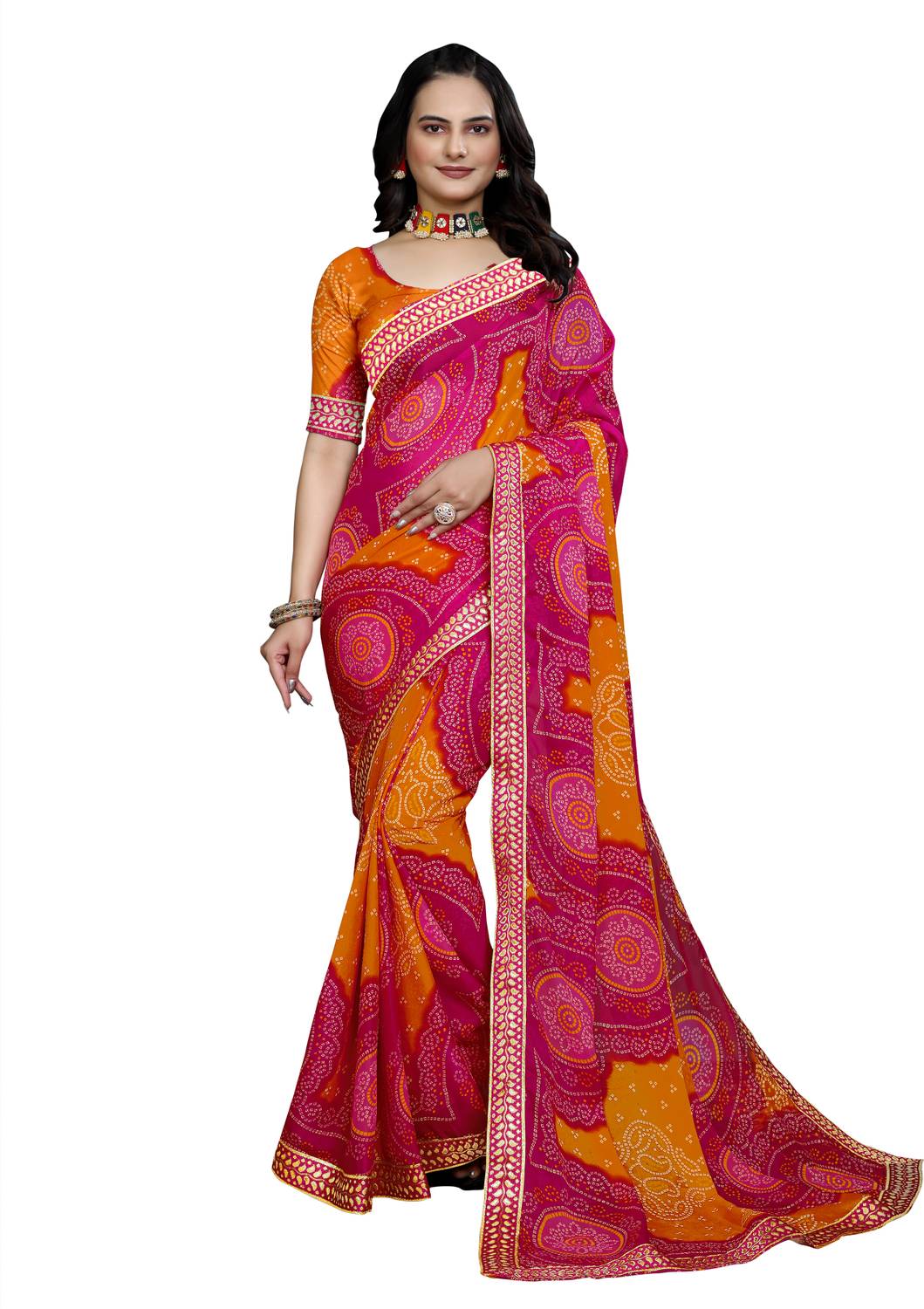 Kanooda Prints Printed Bandhani Georgette Saree (Pink)
