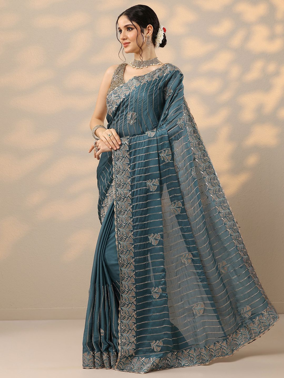 Image of LIBAS Embellished Daily Wear Silk Blend Saree (Blue)