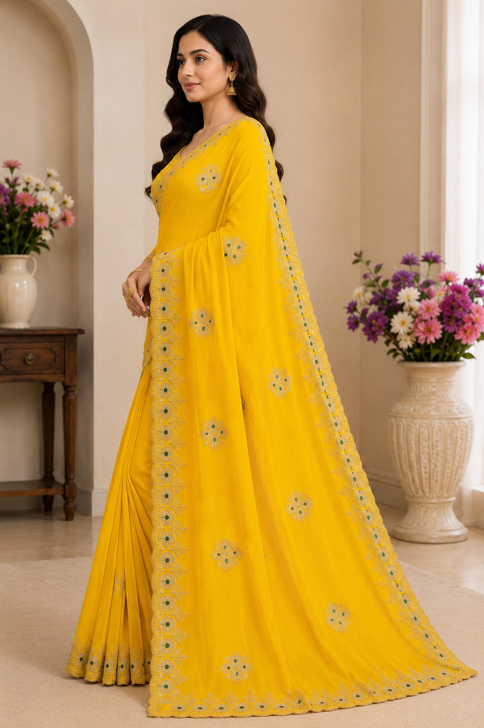 Image of VIDHI TEX Embroidered Bollywood Satin, Chiffon Saree (Yellow)