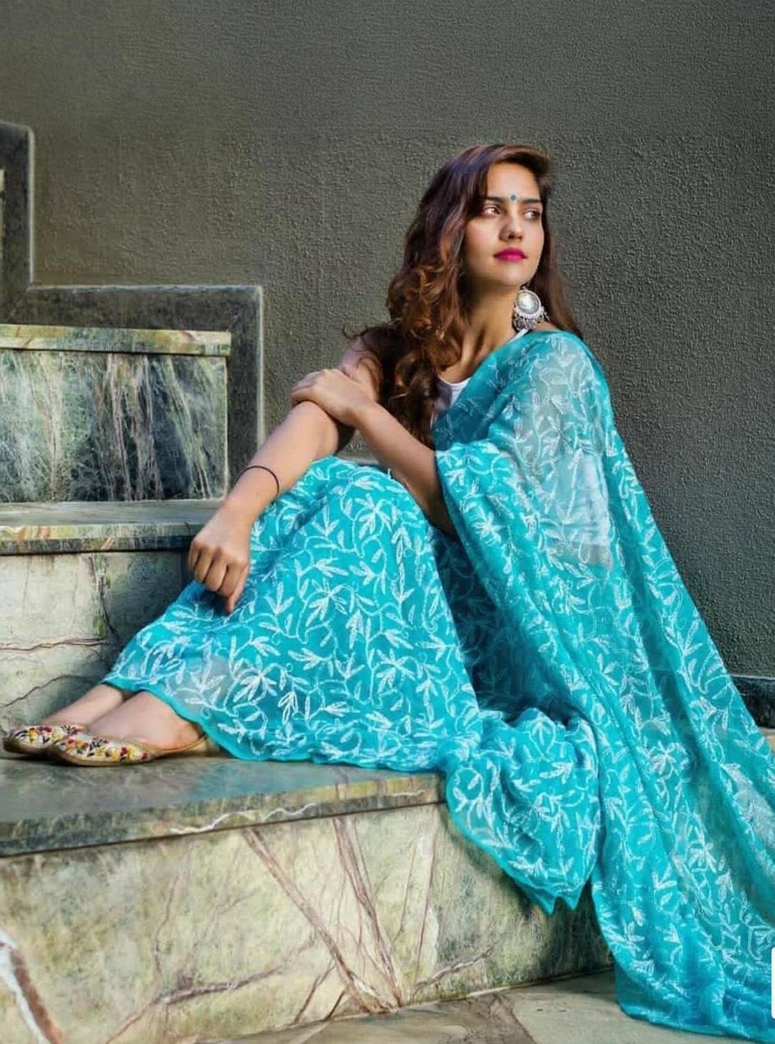 Afia Lucknowi Chikankari Embroidered Lucknow Chikankari Georgette Saree