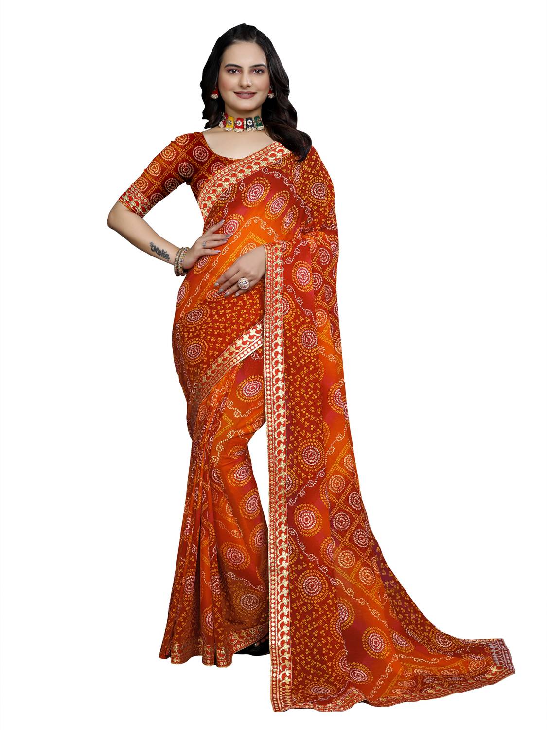 Kanooda Prints Printed Bandhani Georgette Saree (Red)