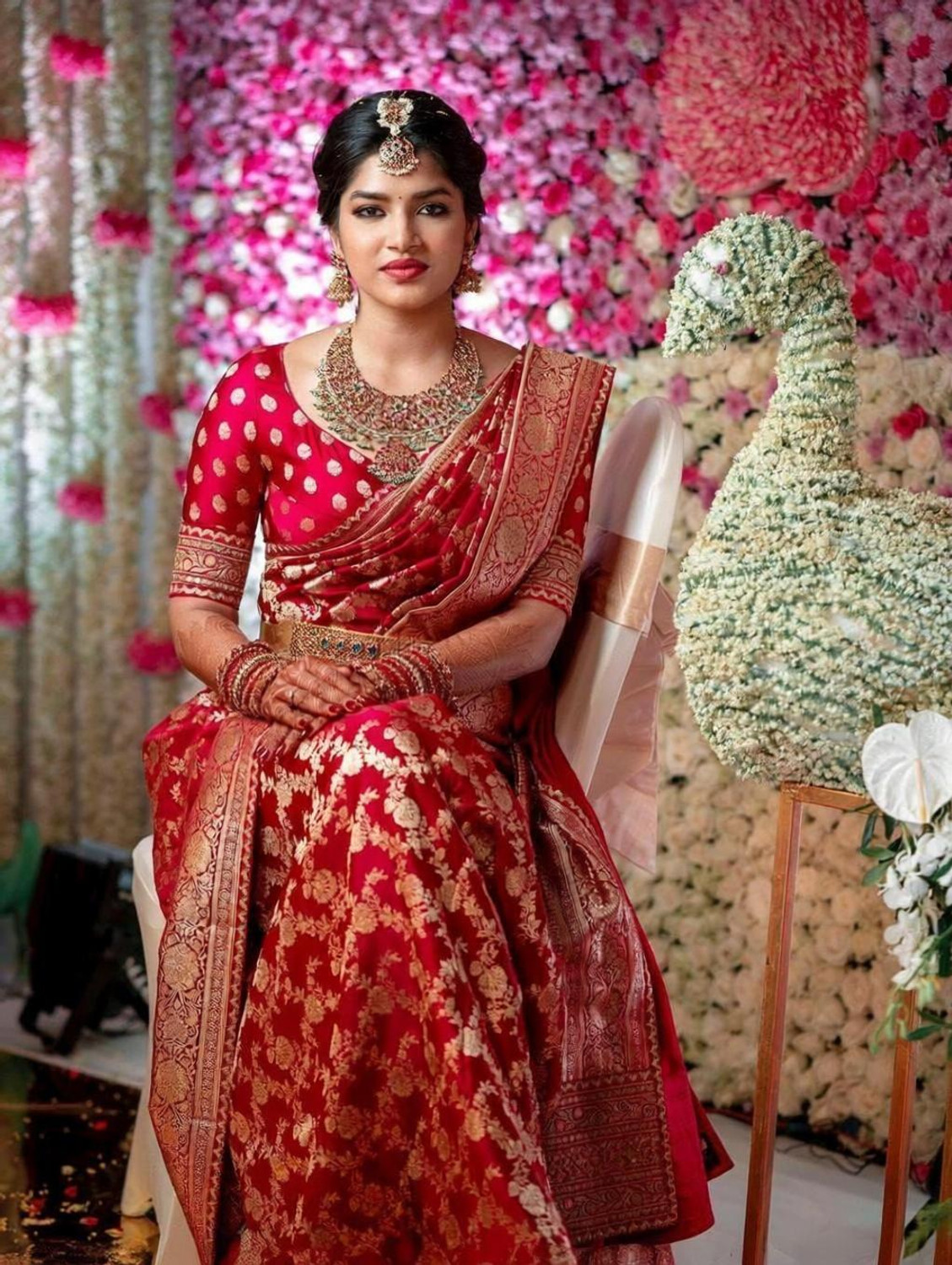 Image of PHEASANT Printed, Self Design, Paisley, Woven, Embellished, Applique Kanjivaram Jacquard, Art Silk Saree