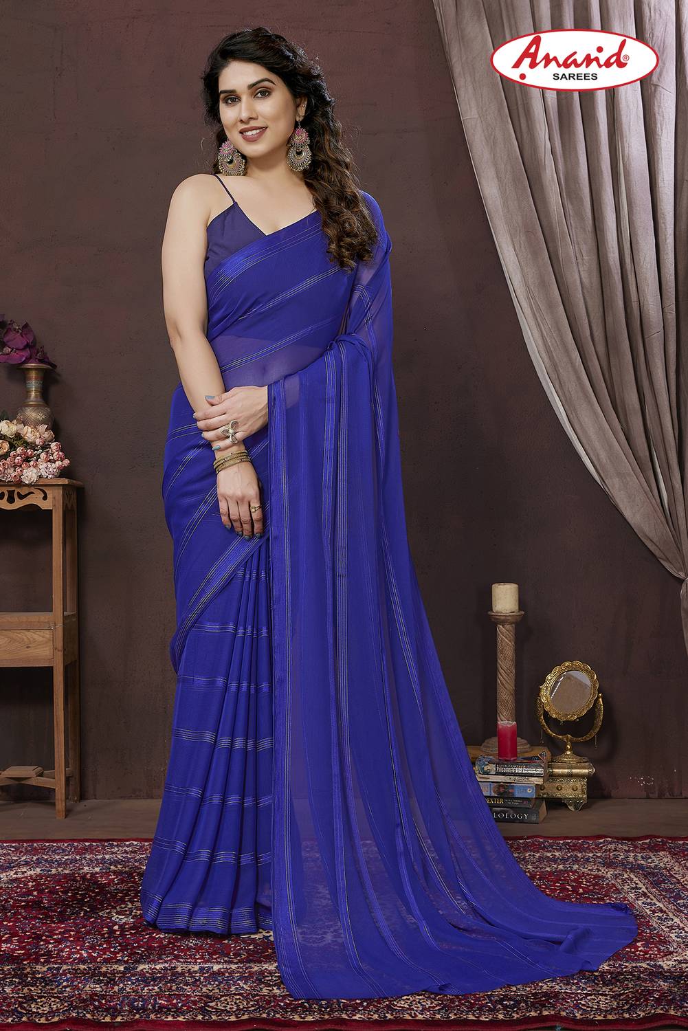 Anand Sarees Embellished, Striped, Self Design Bollywood Satin Sa