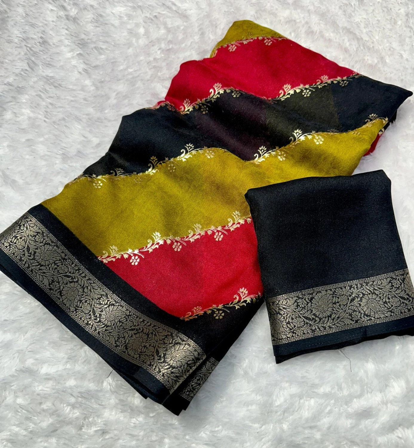 Image of SHIKSHU POINT Printed, Floral Print, Striped Daily Wear Chiffon Saree