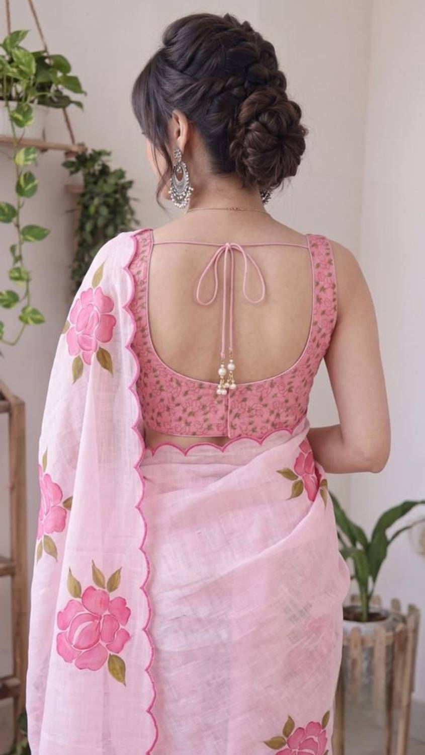 Drujha Pink Cotton Linen Saree - Image 2