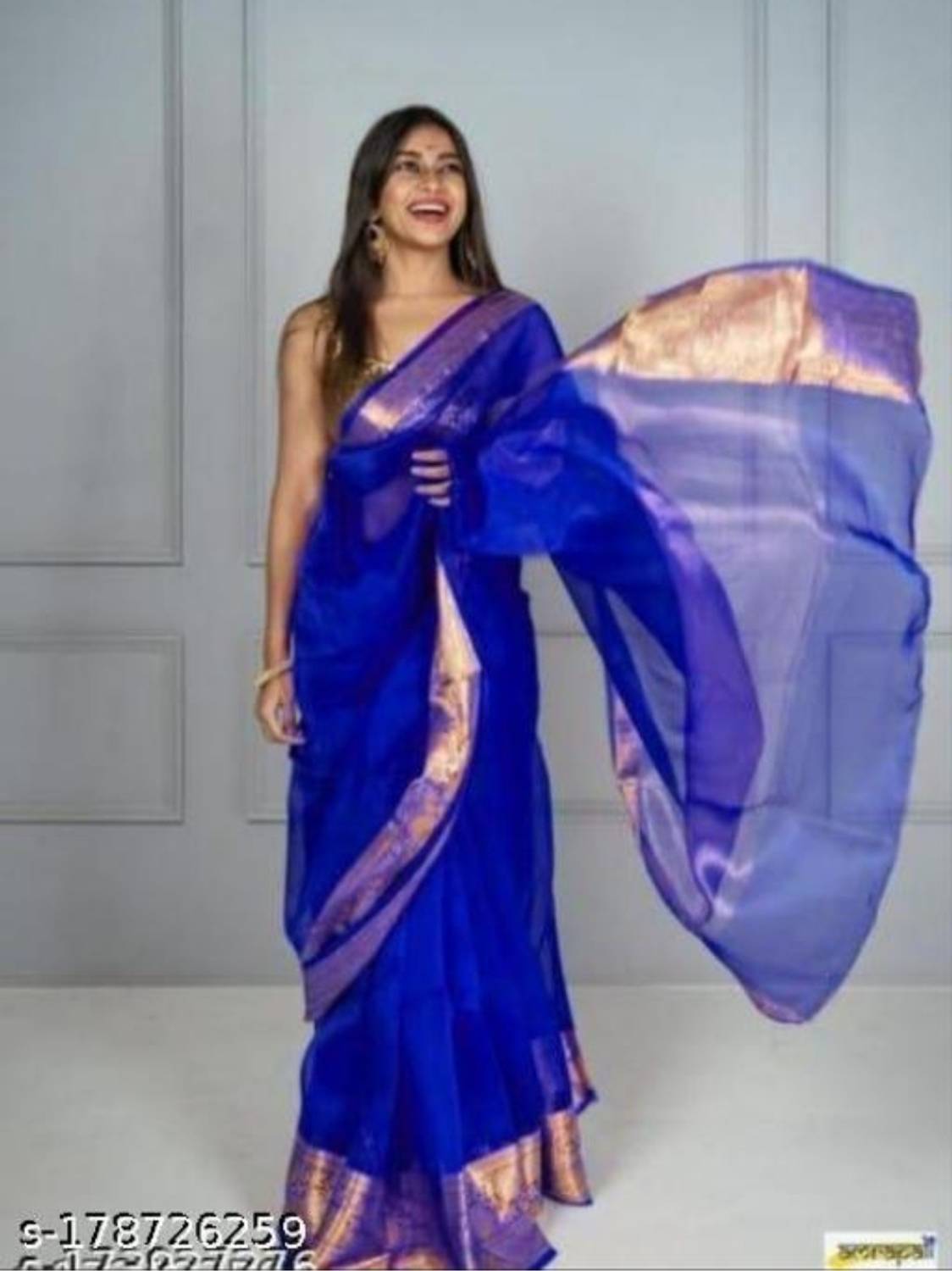 Banaras silk palace Woven, Dyed Banarasi Organza Saree (Blue)