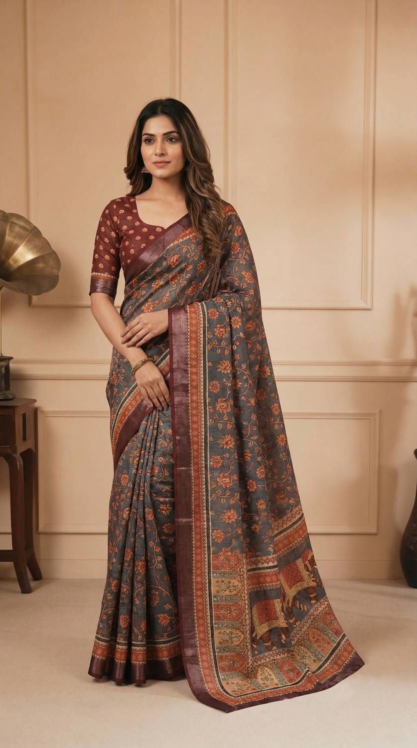 TIGERSNAKE Woven Kasavu Silk Blend Saree (Multicolor)