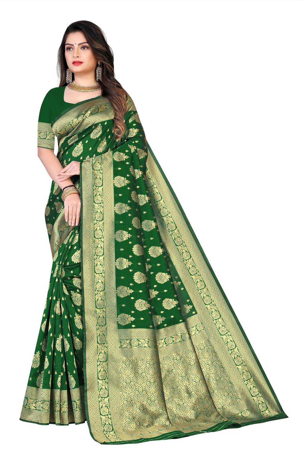 TIGERSNAKE Woven Kasavu Silk Blend Saree (Green)