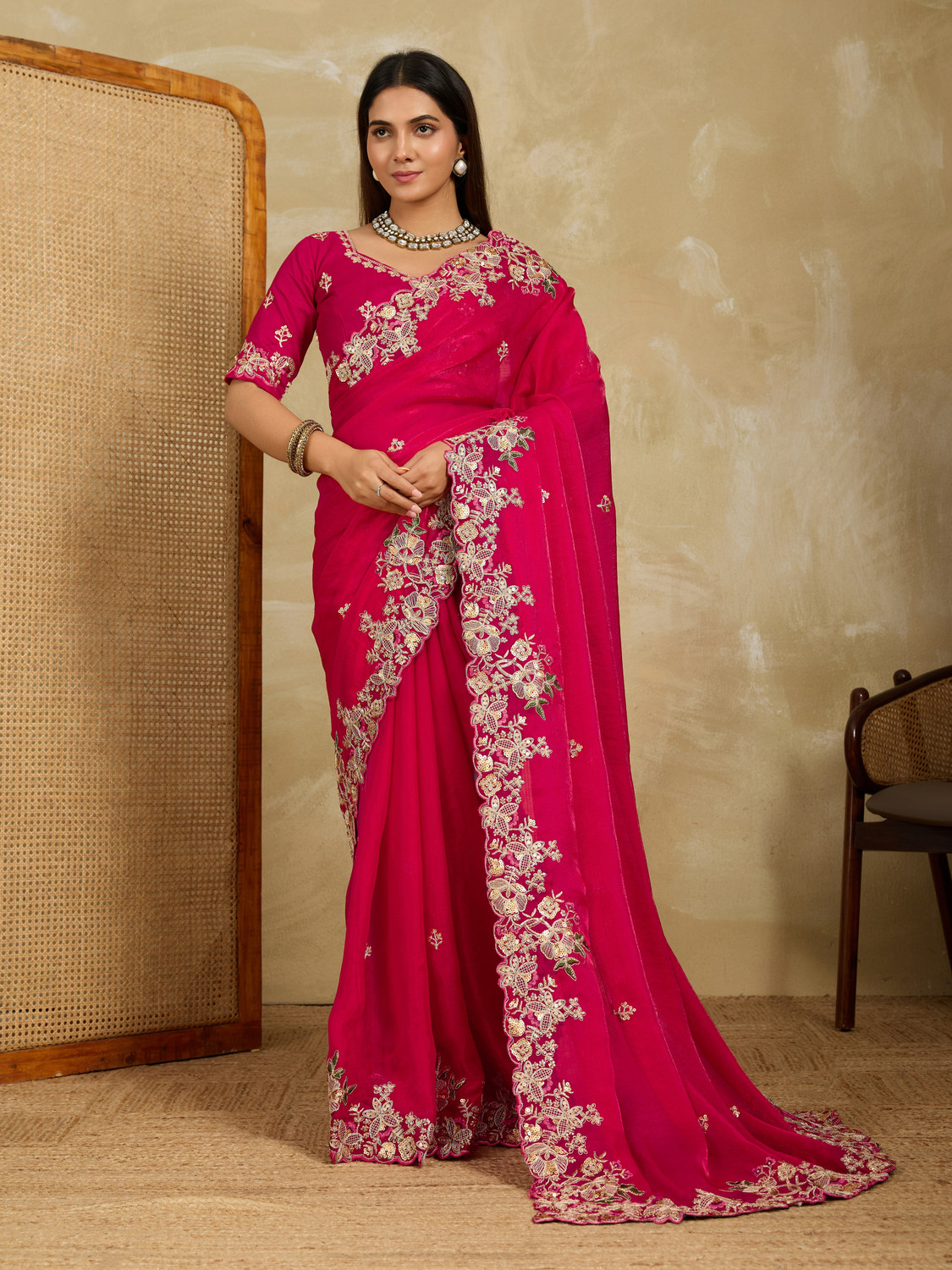 Image of SARETRA MALL Embroidered, Embellished, Floral Print Bollywood Tissue, Organza Saree