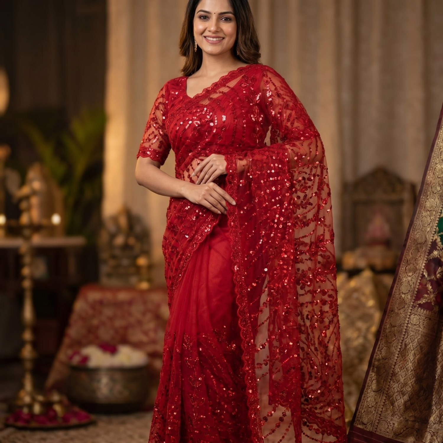 Image of Munir Clothing Embellished, Embroidered, Floral Print, Printed, Woven Bollywood Net Saree (Red)