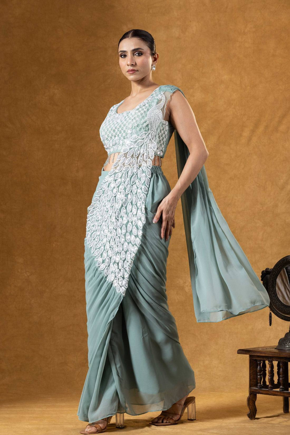 RILLOURA Embroidered Pre Draped Saree Georgette Saree