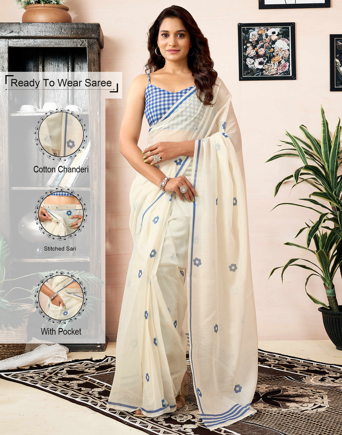 Image of Samah Geometric Print, Printed Daily Wear Cotton Blend, Chanderi Saree