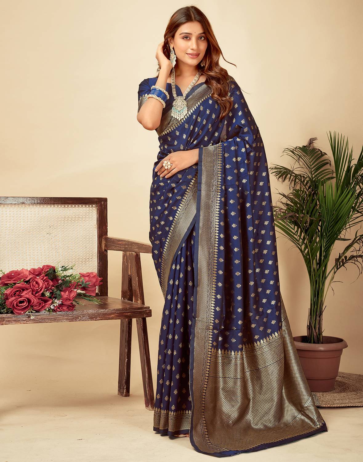 Samah Dyed, Woven, Embellished Banarasi Silk Blend Saree (Dark Bl
