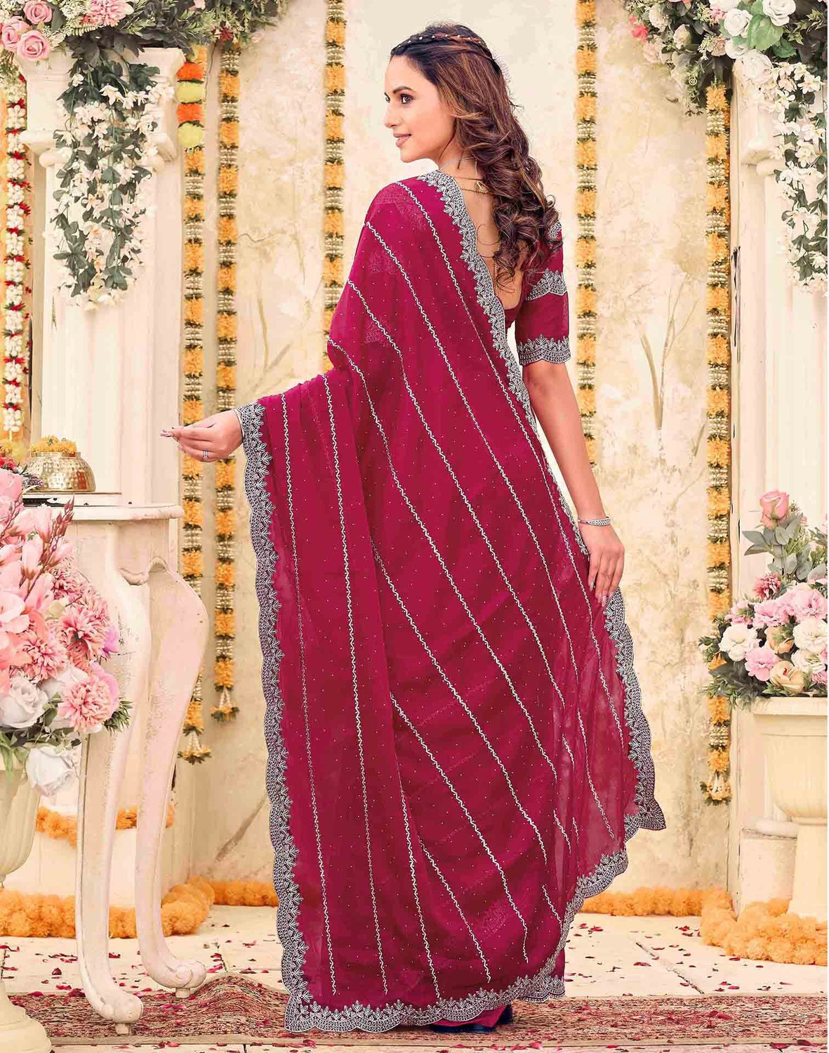 Image of Satrani Embroidered, Embellished Daily Wear Georgette Saree (Pink)