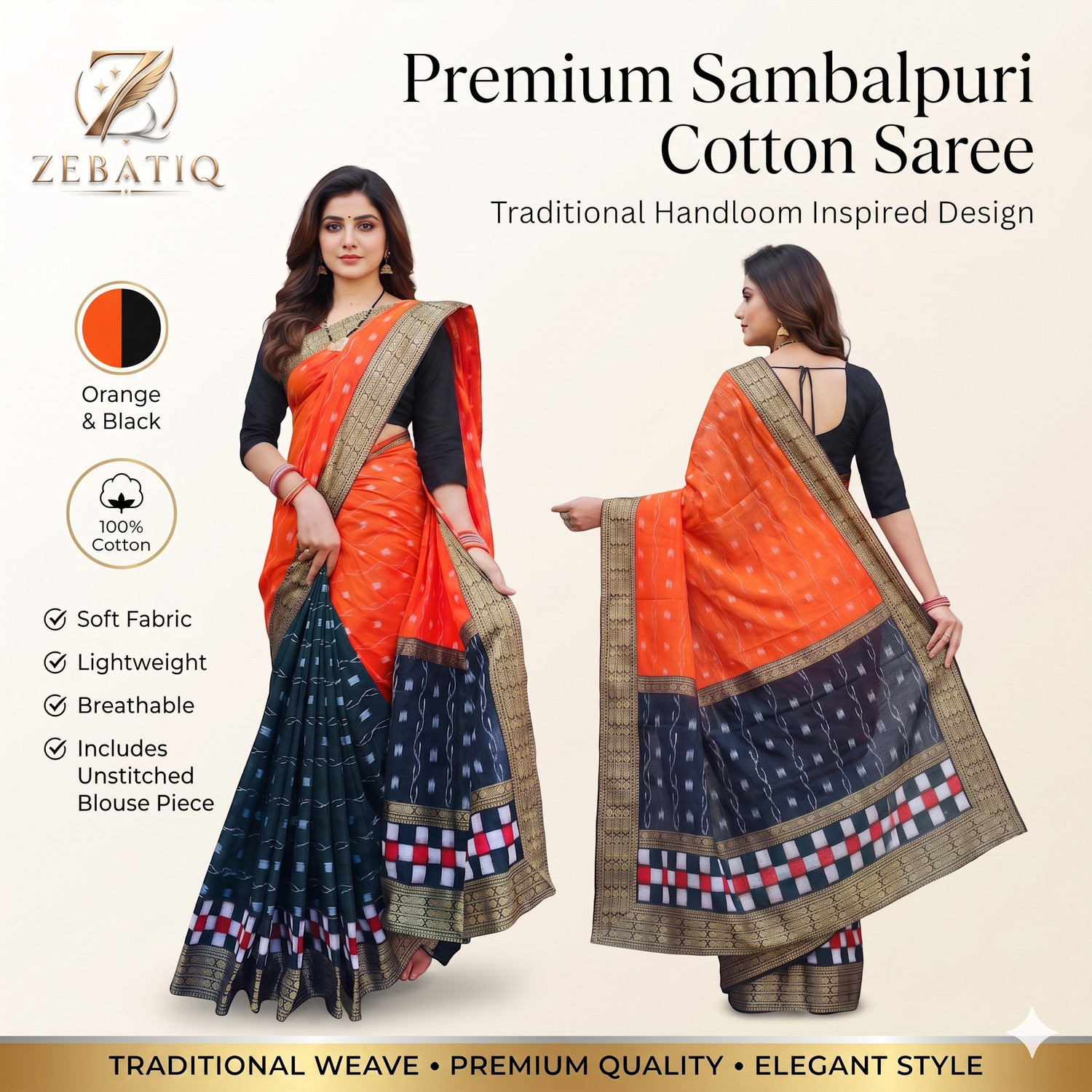 Image of ZEBATIQ Woven Sambalpuri Pure Cotton Saree