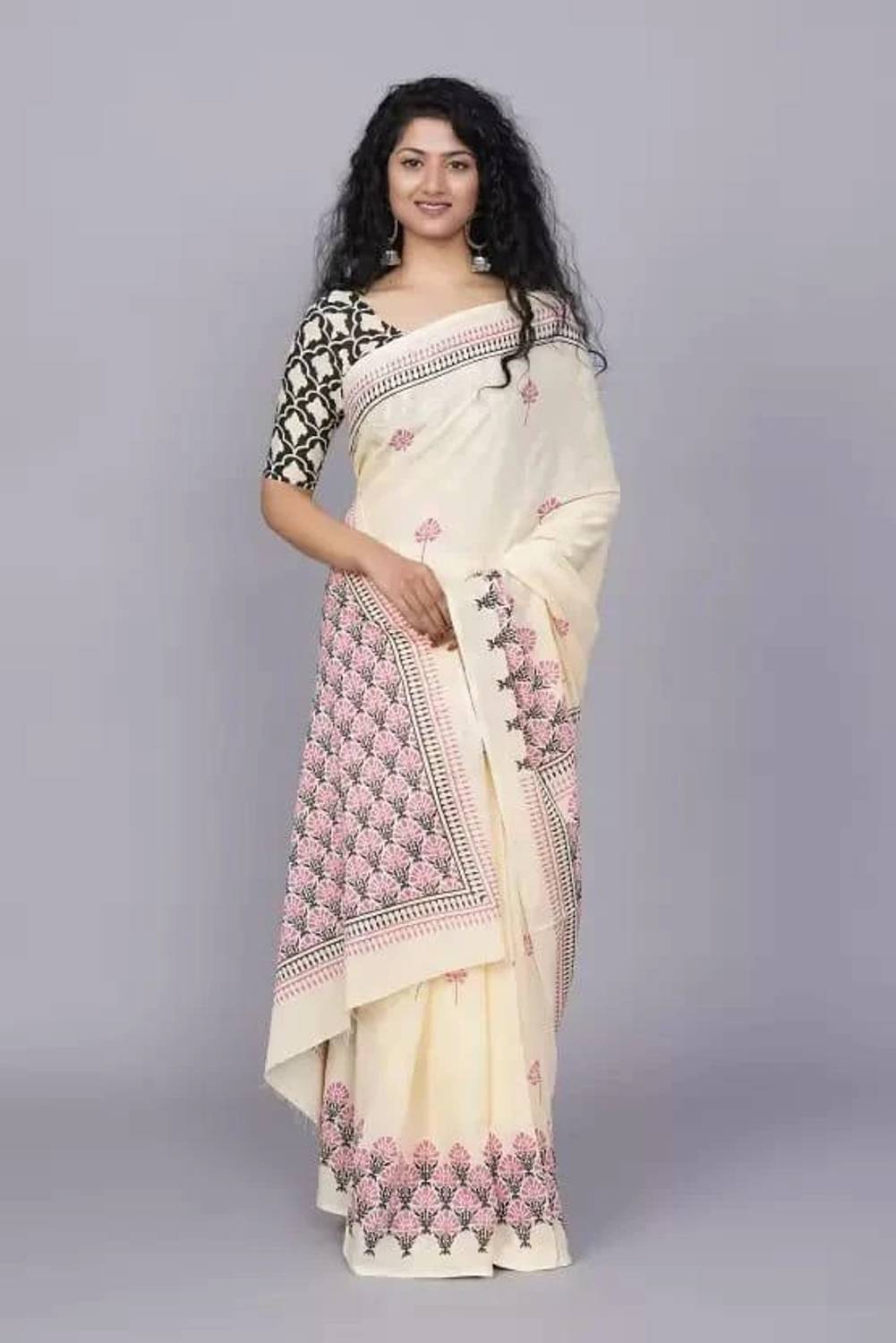 Tropwear Printed Ikkat Pure Cotton Saree (Cream)