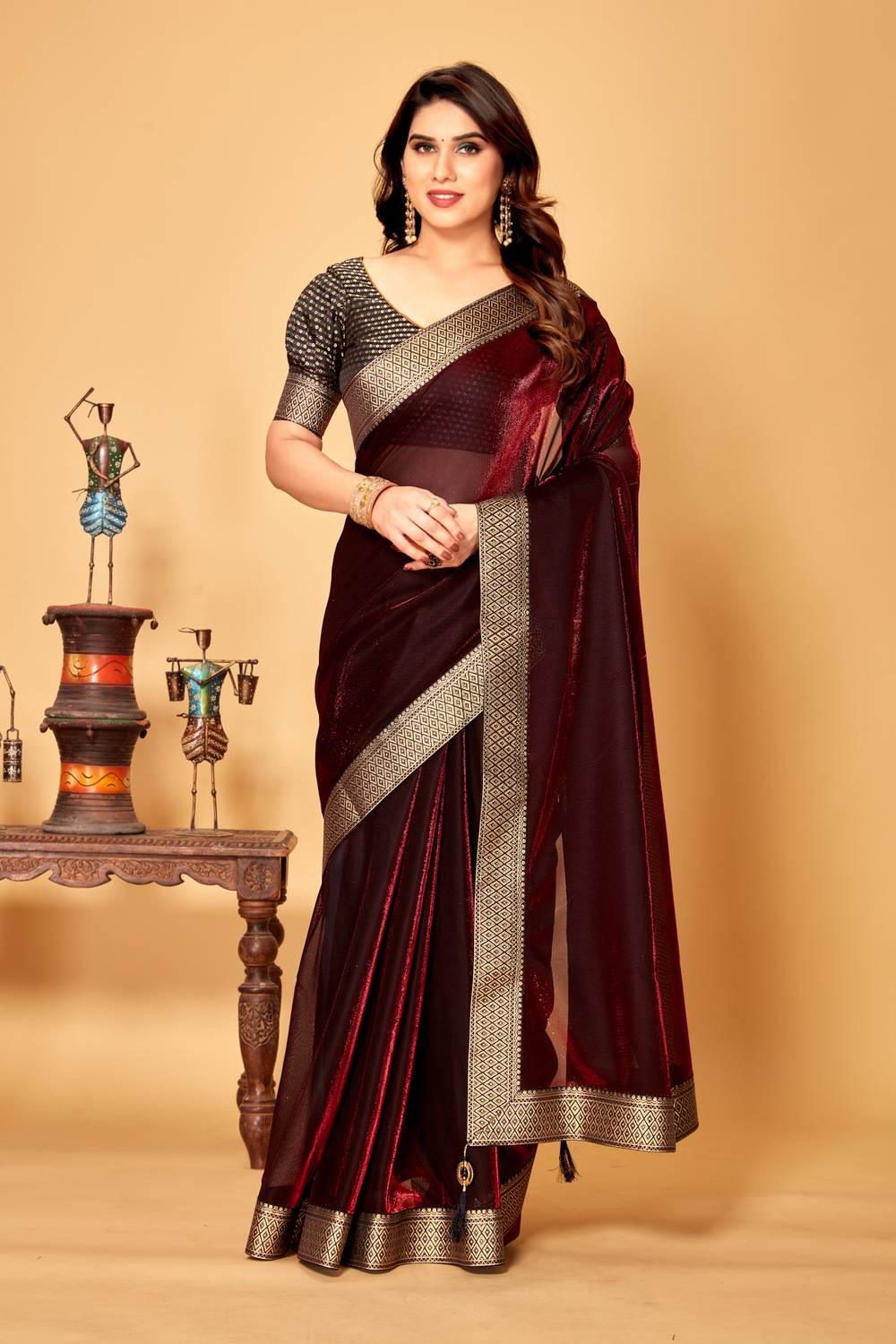 tikli Solid/Plain Bollywood Silk Blend Saree (Maroon)