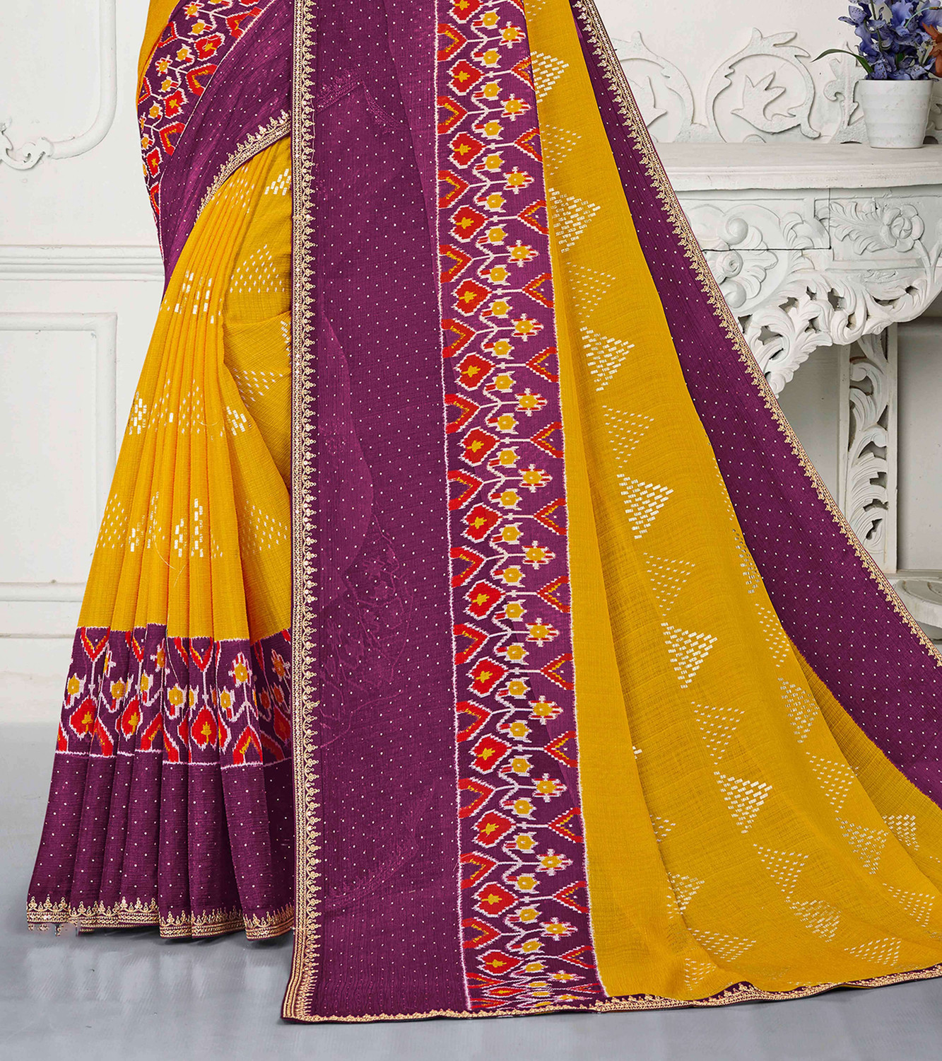 Image of Laxmipati sarees Printed Saree with Attached Blouse Chiffon Saree (Mustard)
