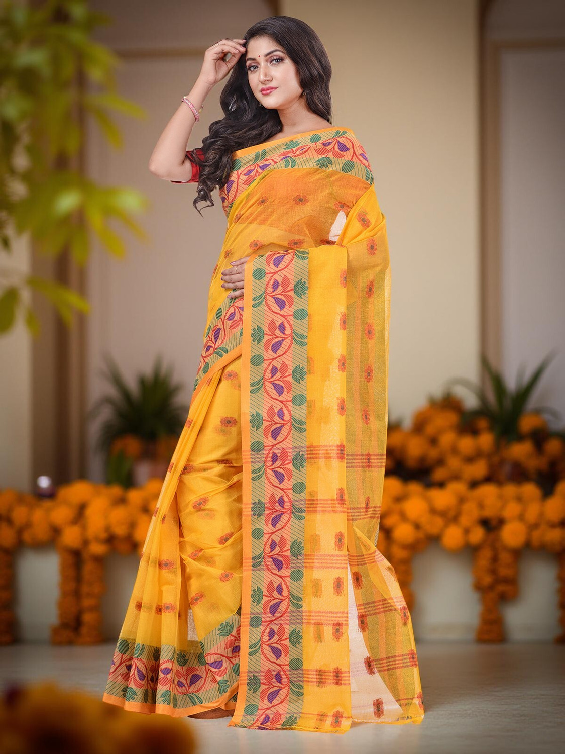 Image of TANTLOOM Woven, Embroidered Bandhani Handloom Pure Cotton, Georgette Saree
