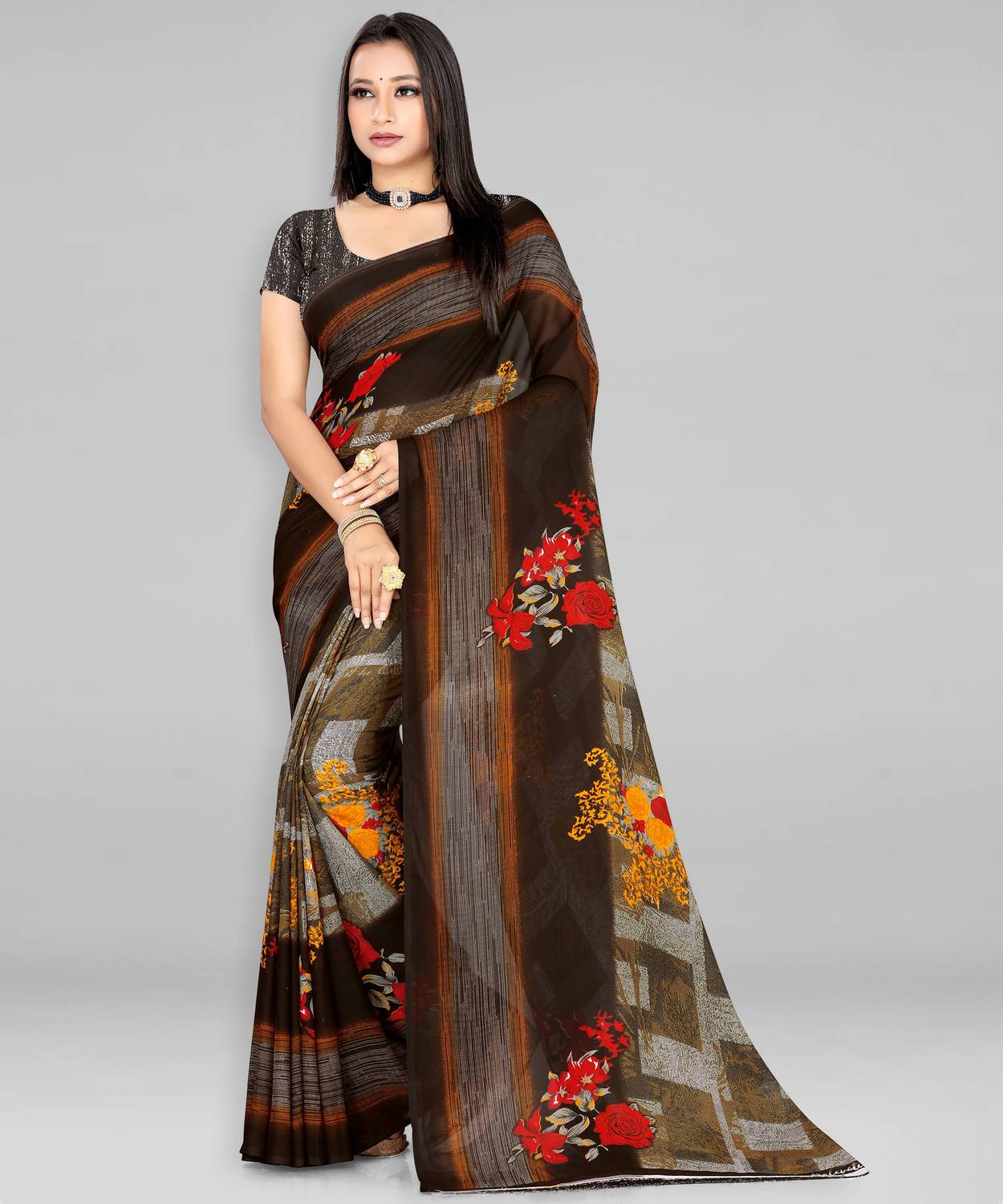 Leelavati Printed Daily Wear Georgette Saree (Brown)