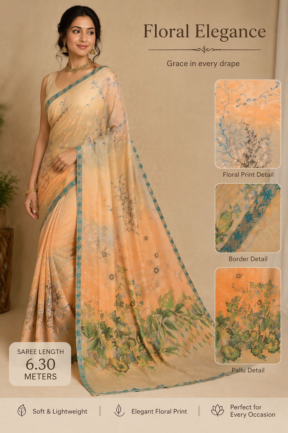 Image of Beyond Borders Floral Print, Paisley, Printed Daily Wear Chiffon Saree