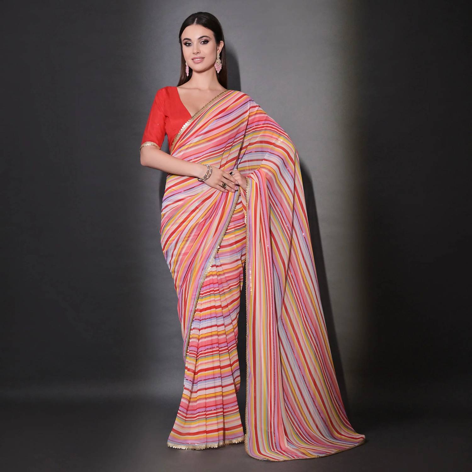 GAVUBAA Floral Print Bollywood Georgette Saree (Multicolor)