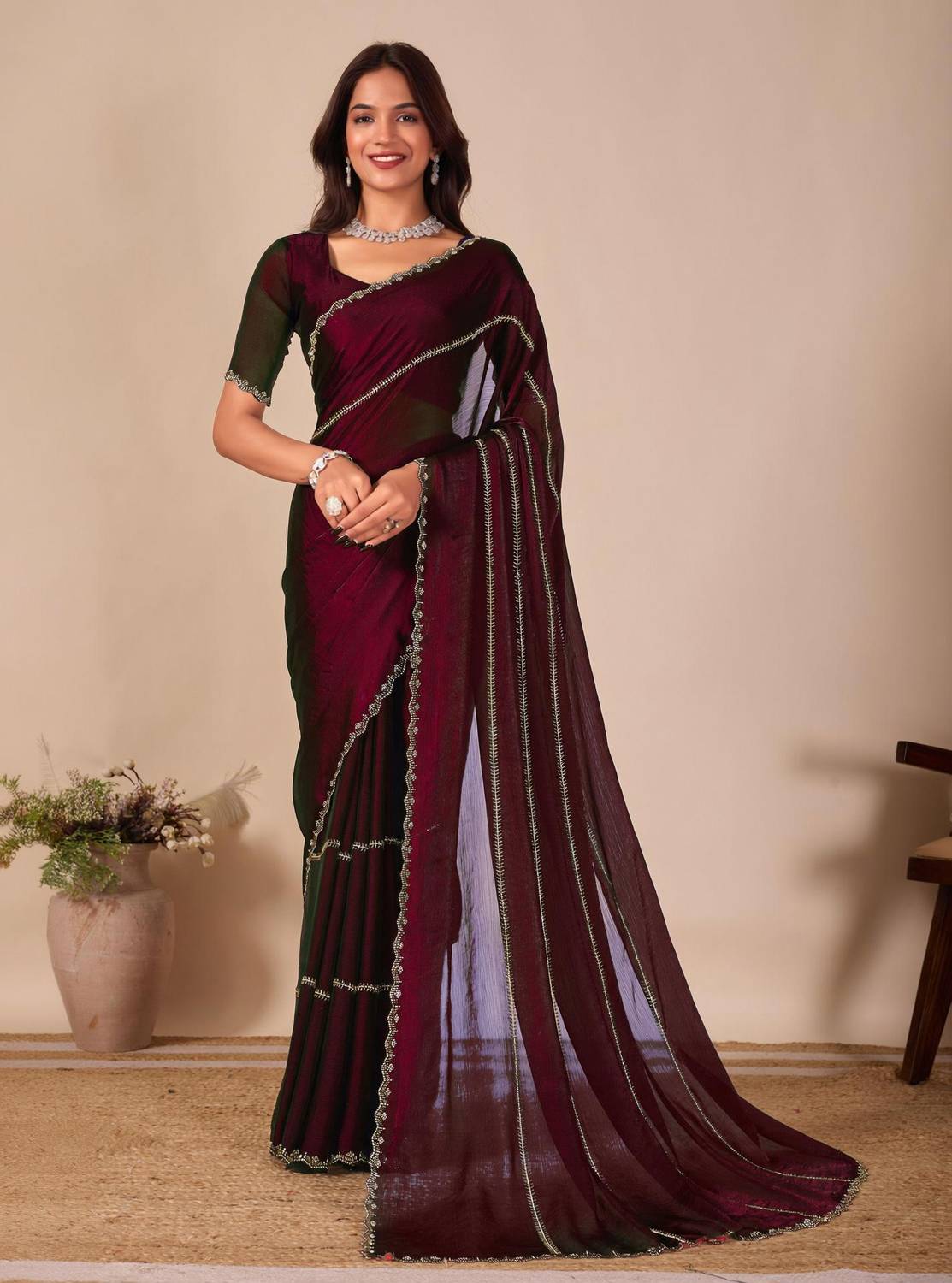 Manokamna Embellished Bollywood Chiffon Saree (Maroon)