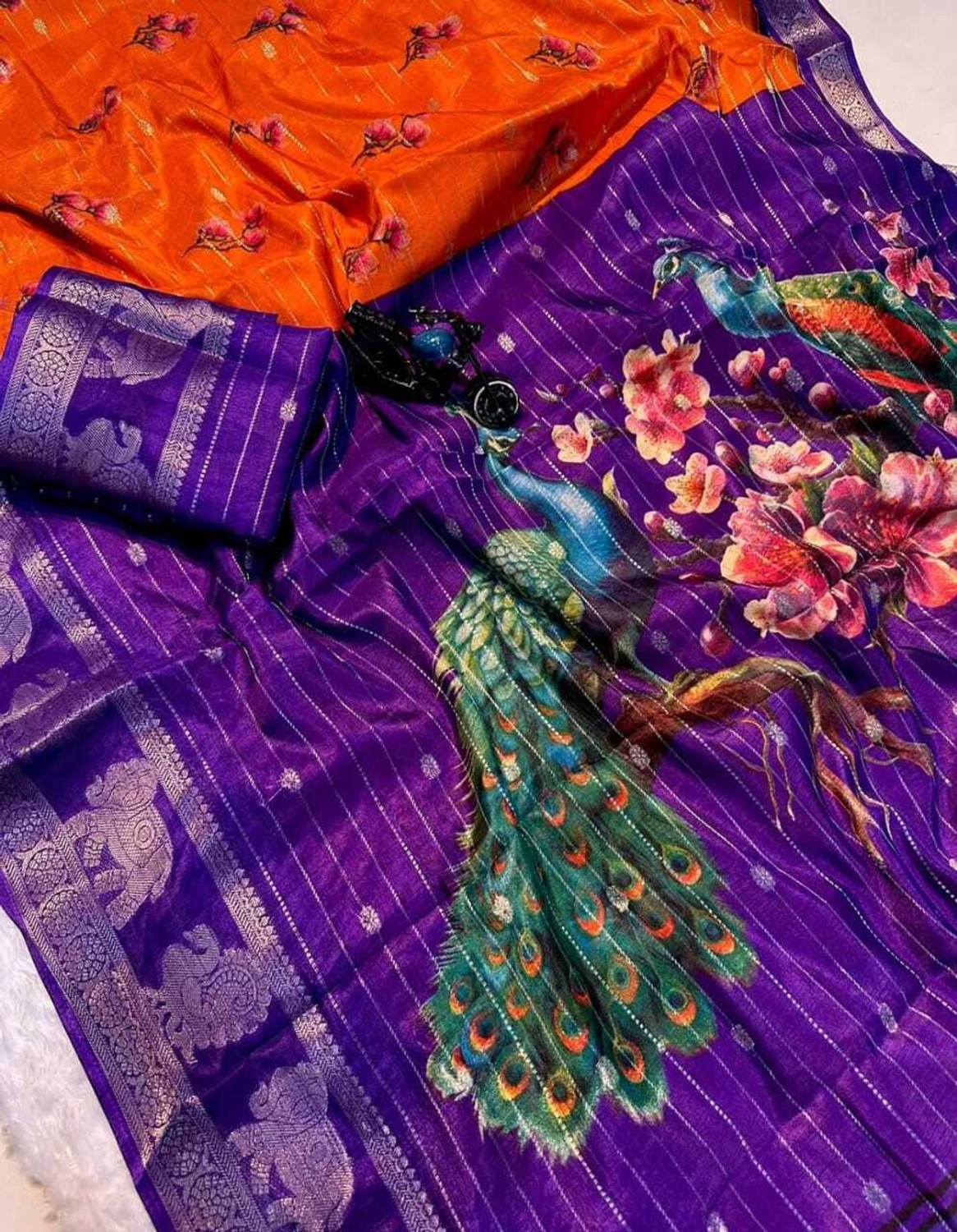 Image of Lincy Striped, Floral Print, Woven Bollywood Cotton Blend Saree