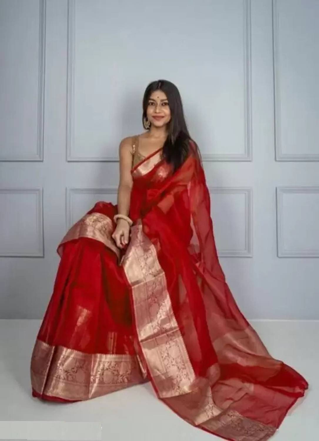 KALKEE Self Design Daily Wear Organza Saree (Red, Brown)