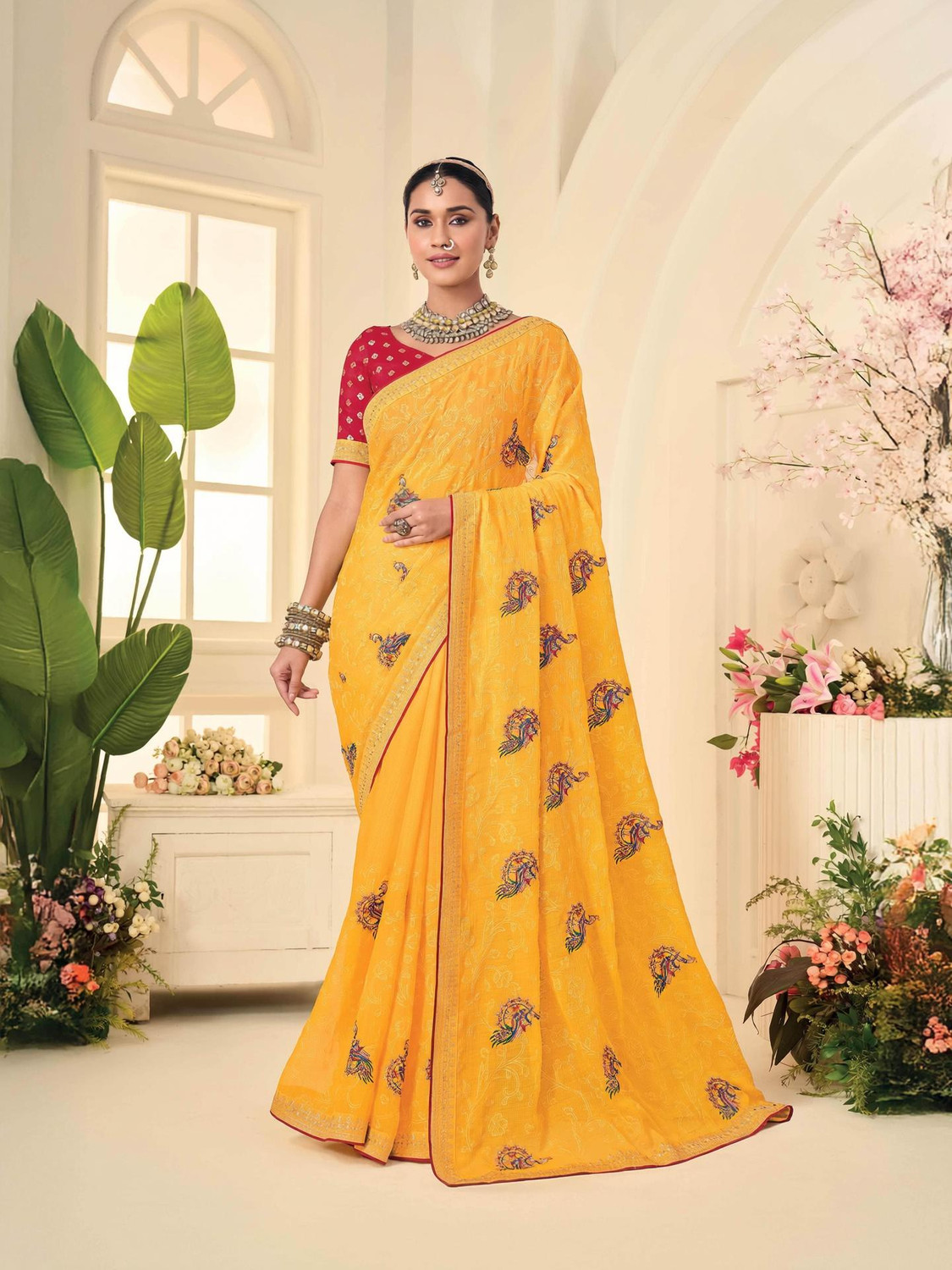 Image of Laxmipati sarees Embroidered Saree with Attached Blouse Chiffon Saree (Yellow)