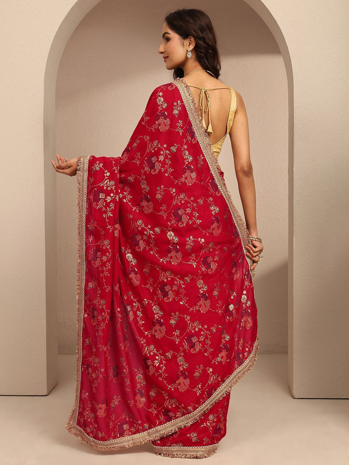 Image of LIBAS Printed Daily Wear Silk Blend Saree (Red)
