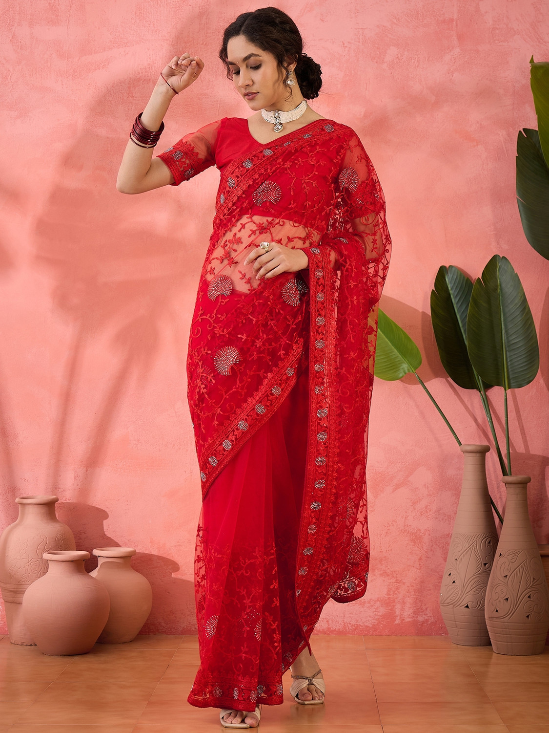 Image of Sangria Embroidered, Floral Print, Embellished Kalamkari Net Saree