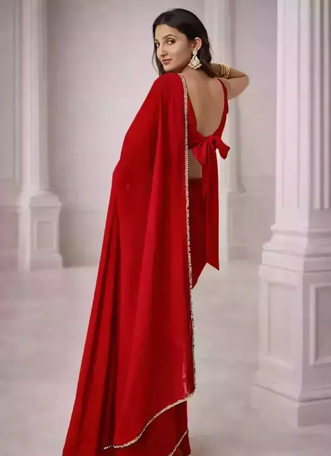 Image of KanjiQueen Embellished Daily Wear Georgette, Silk Blend Saree (Red)