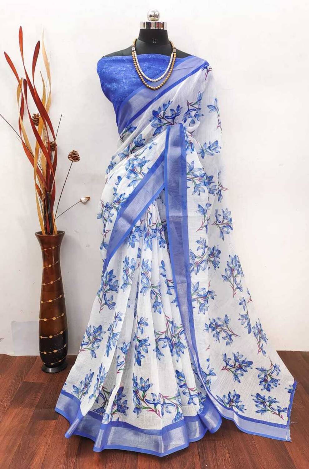 ASHTA Floral Print Kanjivaram Linen Saree