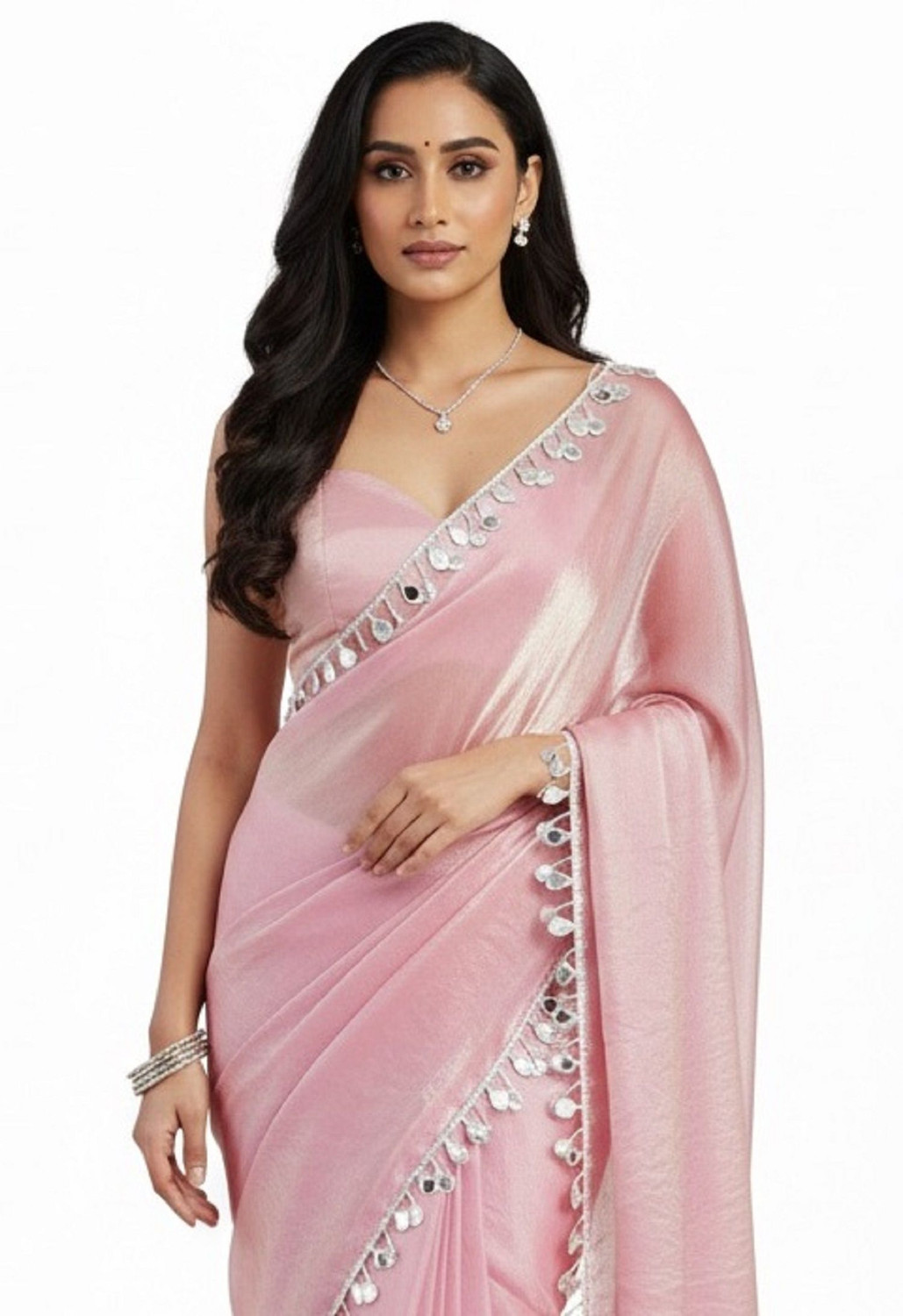 Image of Sataz Ready to Wear Self Design Pre Draped Saree Satin Saree (Pink)