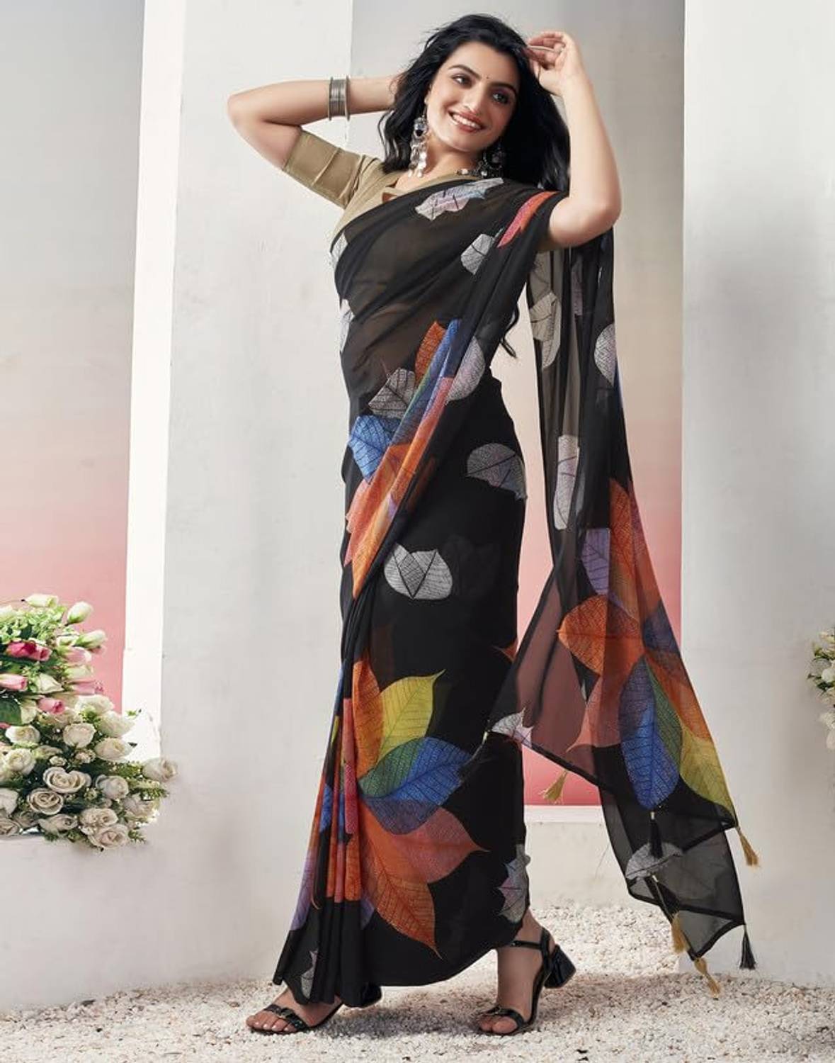 GAVUBAA Floral Print Bollywood Georgette Saree (Black)
