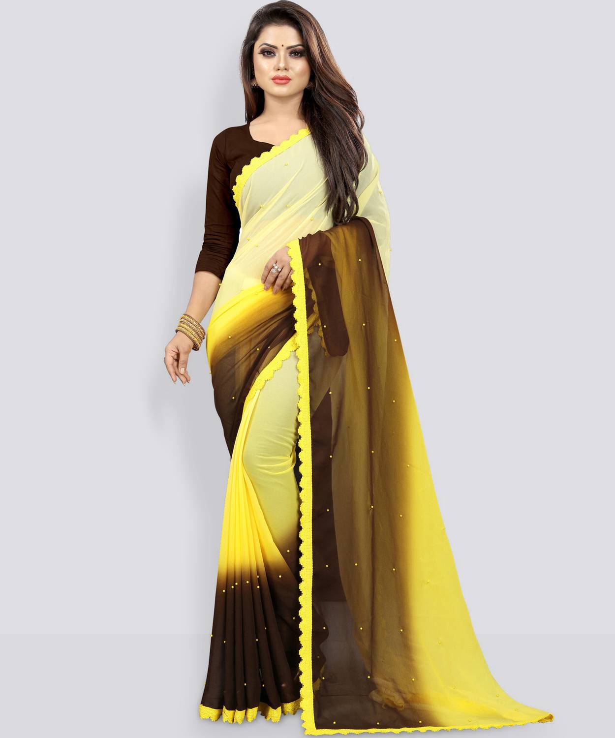fashionday Dyed, Ombre Bollywood Georgette Saree (Brown, Yellow)