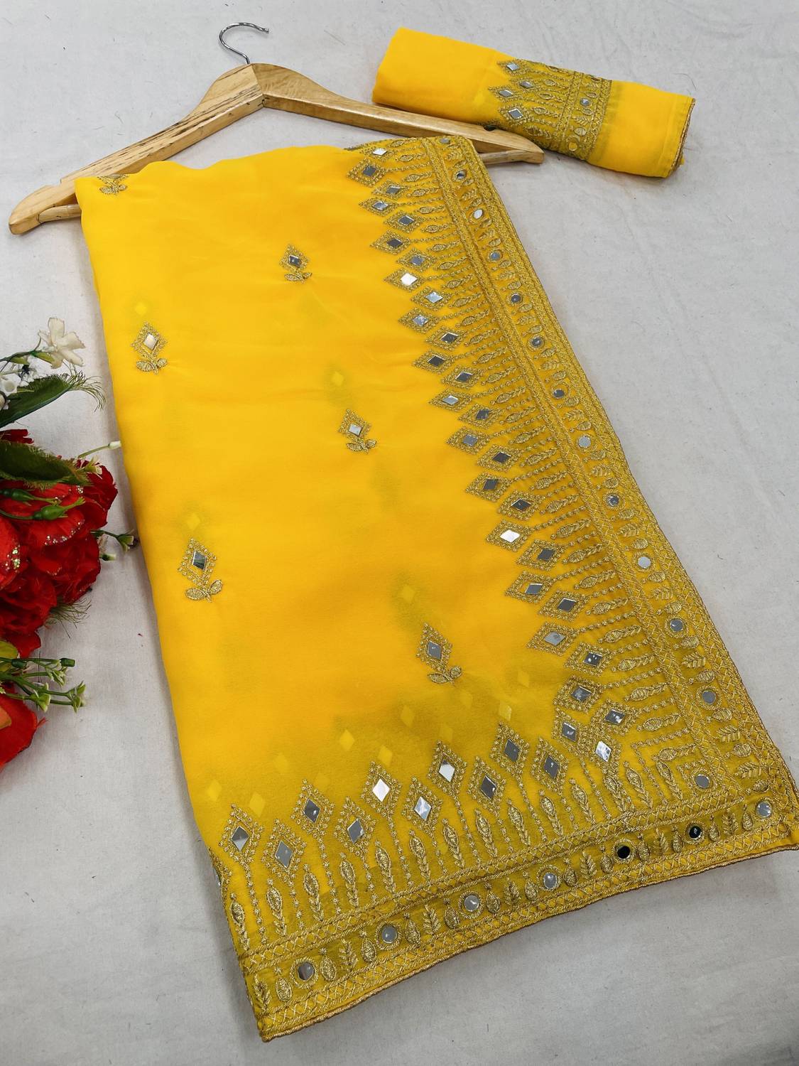 NETRA BOUTIQUE Embroidered Bollywood Georgette Saree (Yellow)