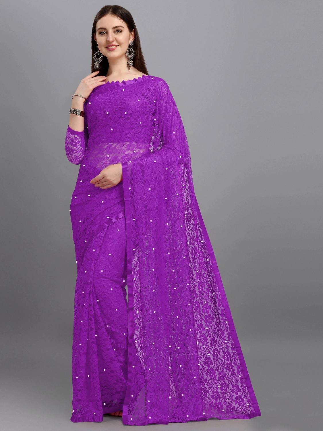 LOROFY Self Design Bollywood Net Saree (Magenta)