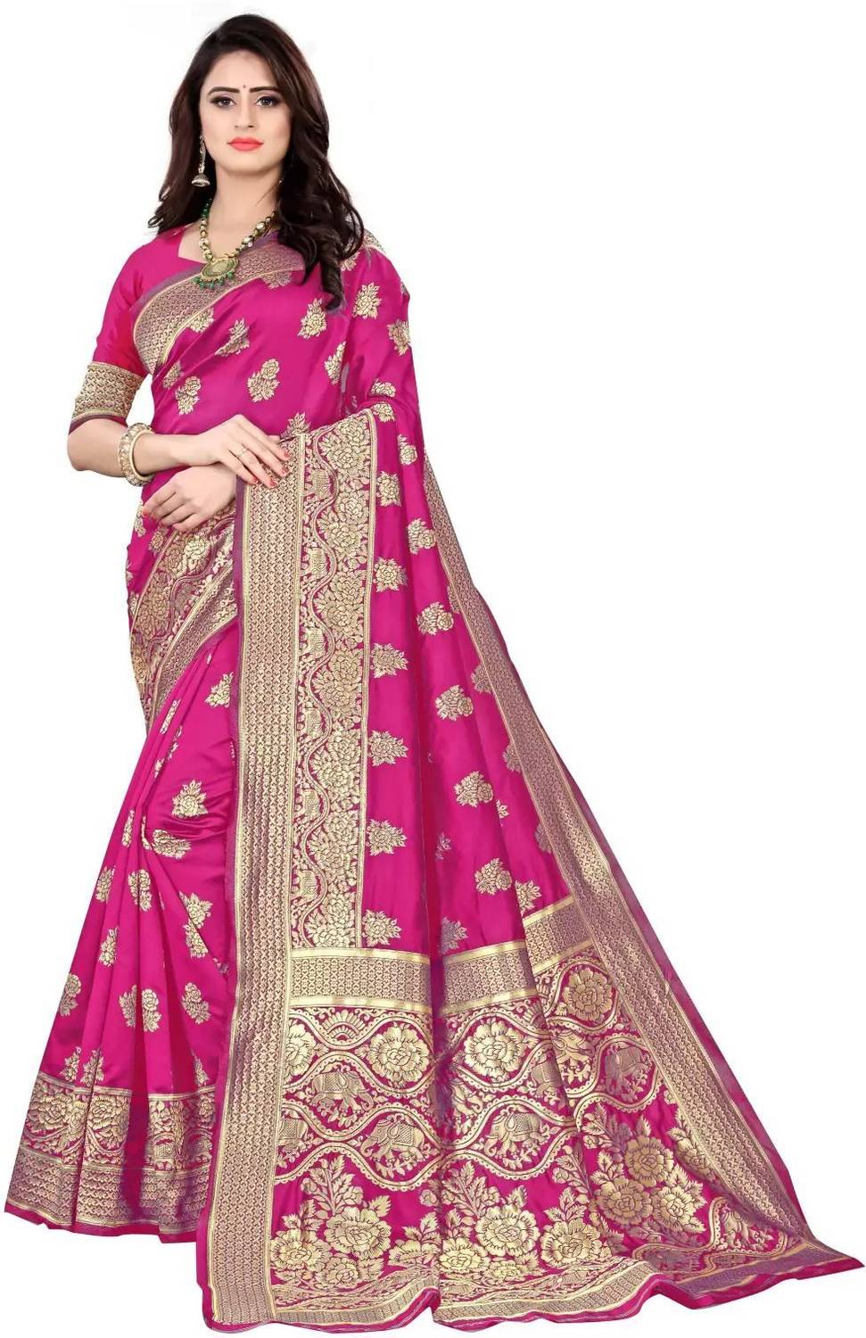 TIGERSNAKE Woven Kasavu Silk Blend Saree (Pink)