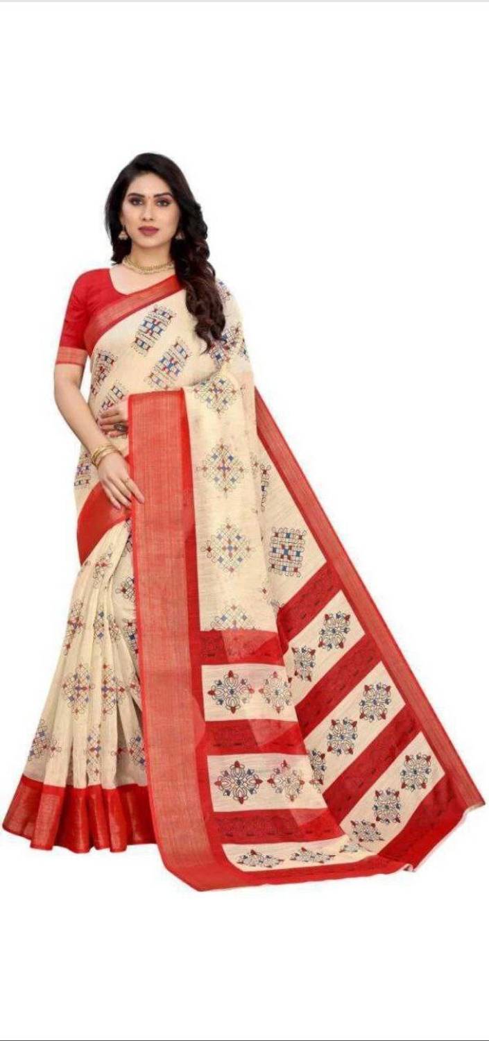 Bansari Textiles Floral Print Daily Wear Cotton Linen, Chanderi Saree