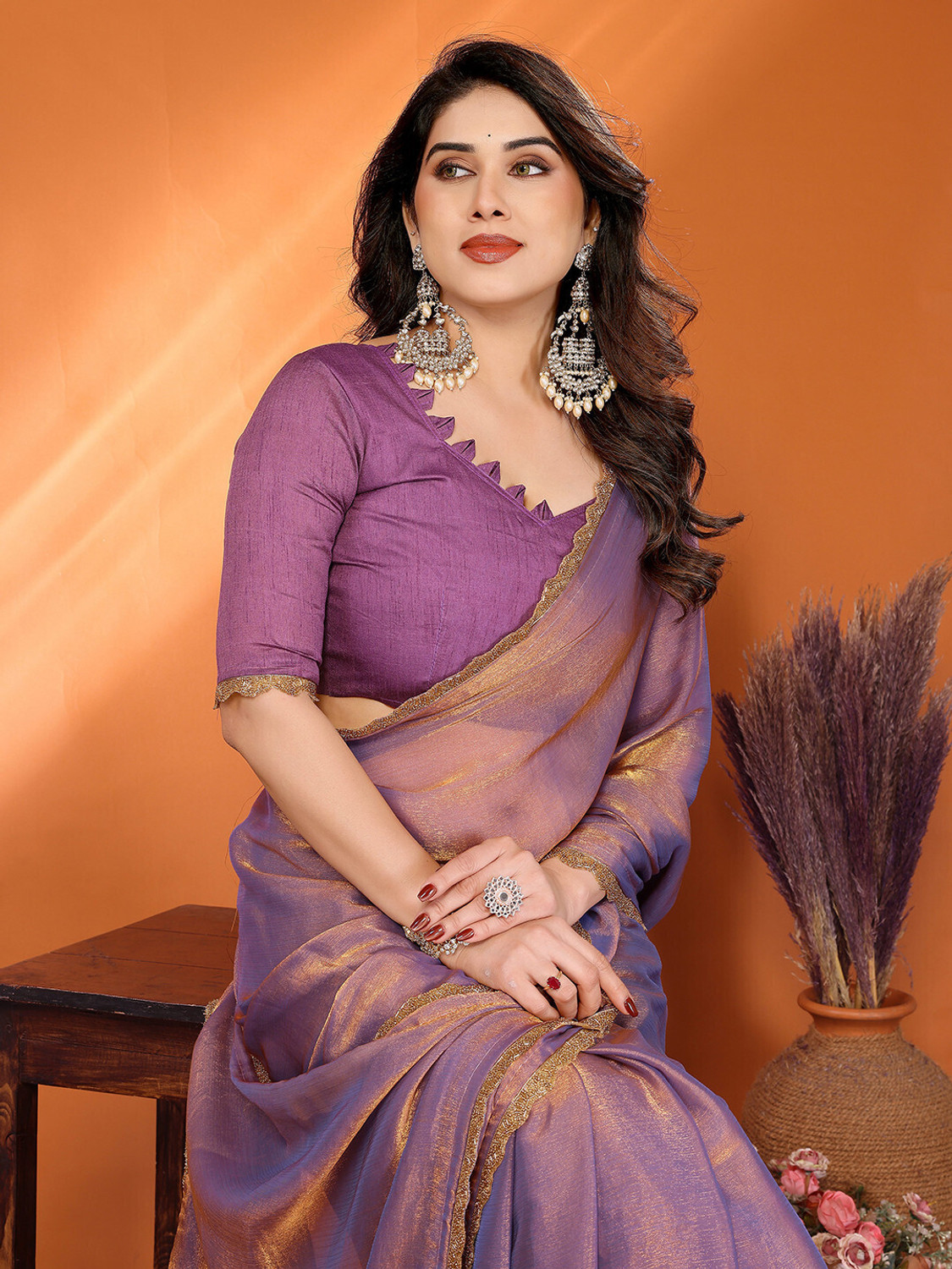 Image of kashvi sarees Embellished, Solid /Plain, Self Design Bollywood Tissue Saree