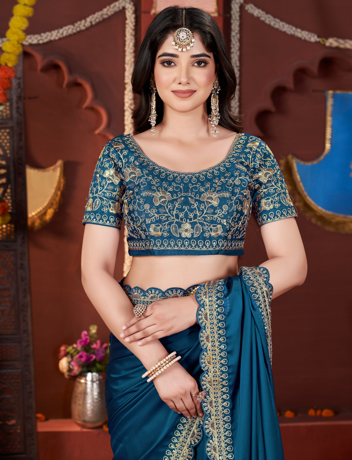 Image of Laddu creation Silk Blend Embroidered Blouse Material