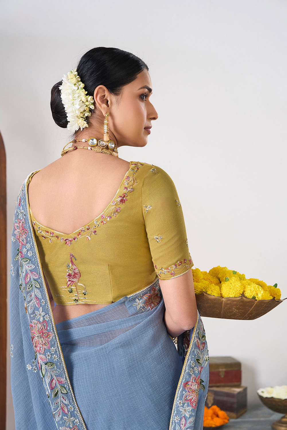 Image of Laxmipati sarees Embroidered, Floral Print Bollywood Chiffon Saree