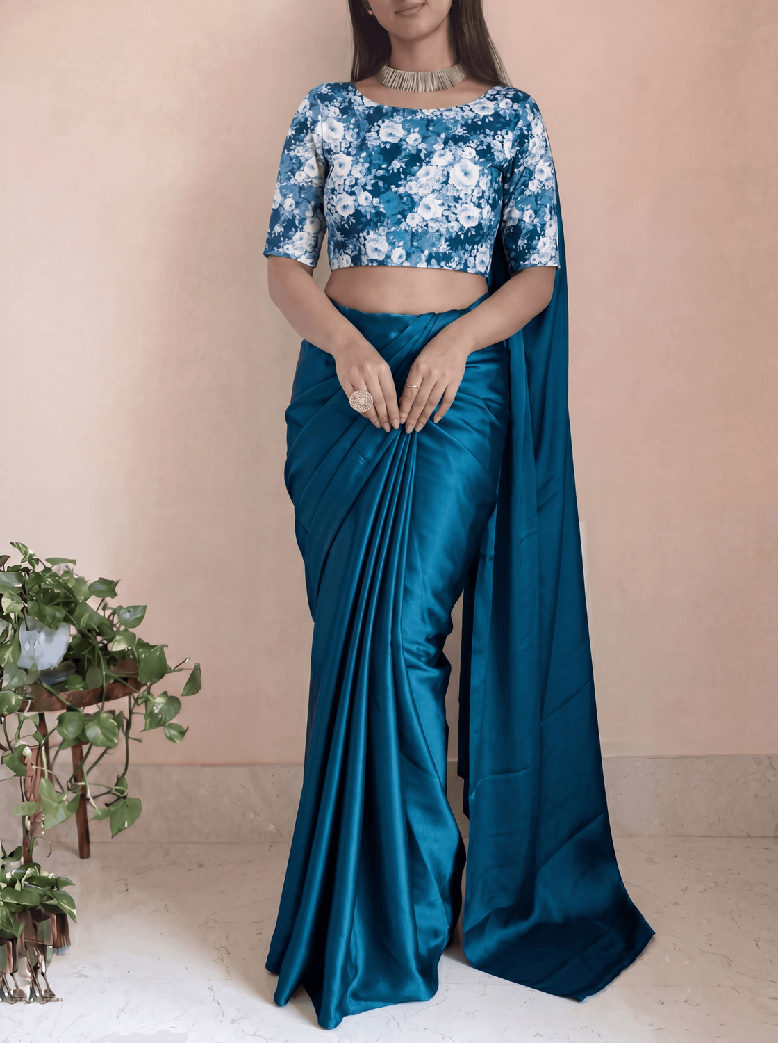 Image of Bondia Solid /Plain Bollywood Satin Saree